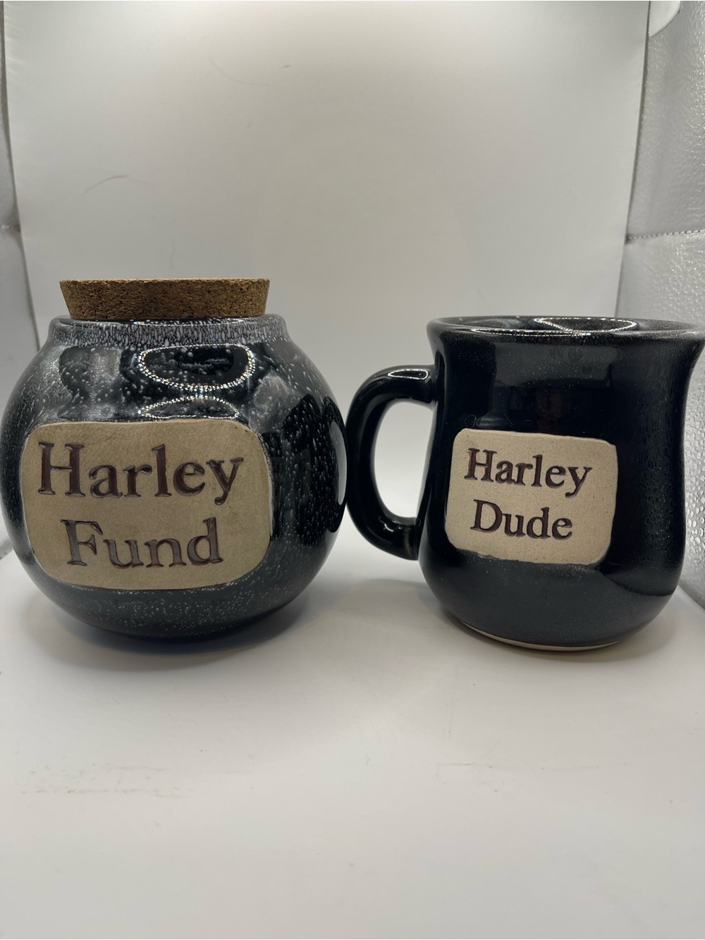 Harley Fund & Harley Dude Black Ceramic Coffee Mug and Jar Set Lot/ Bundle Biker